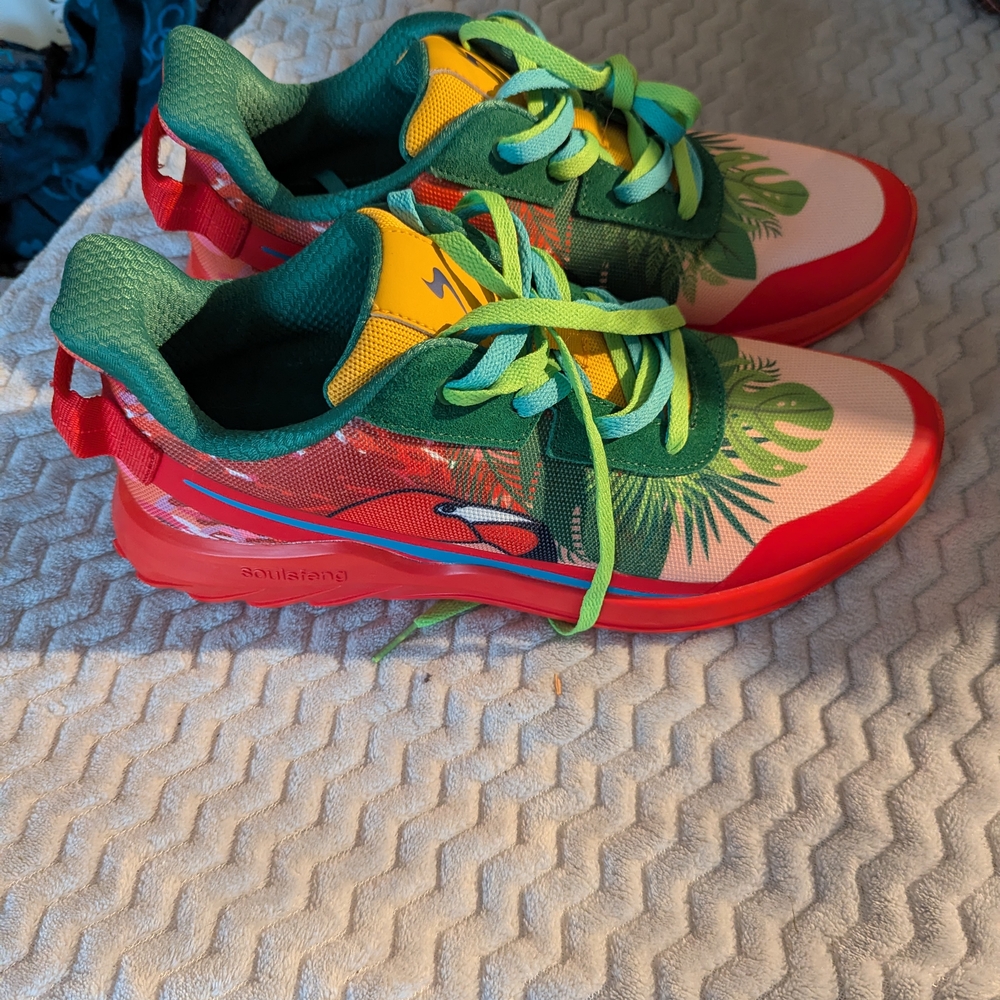 Vibrant Red and Green Athletic Shoes